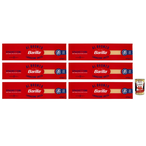 Barilla Pasta Al Bronzo Spaghettoni 100% italienischer Weizen Bronze Zeichnung Italienische Nudeln 400 g 6x italienisch Original + kostenlos Polpa di Pomodoro 400