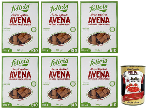 Italian Gourmet Nudeln & Pasta 6x Felicia Mezzi Rigatoni Avena,Pasta con Farina di Avena integrale,Nudeln mit Vollkorn-Haferflocken,Bio und Natürlich Glutenfrei,Packung mit 340g + Italian Gourmet Polpa di Pomodoro 400g Dose 8032804430976