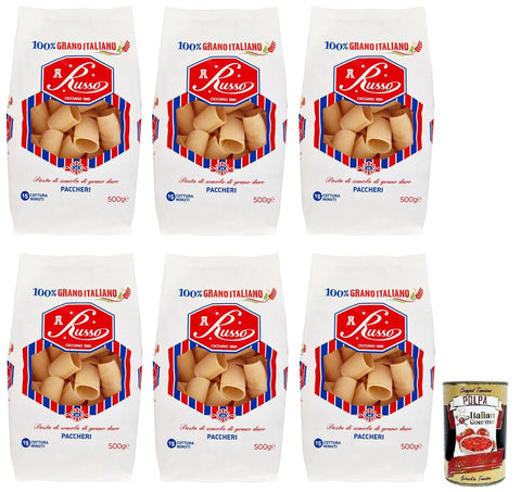 Italian Gourmet Nudeln & Pasta 6x Russo Paccheri N°26 Hartweizengrieß Pasta,100% Italienischer Weizen,500g-Packung + Italian Gourmet Polpa di Pomodoro 400g Dose 8000139926730