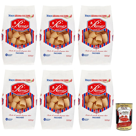 Russo Paccheri N°26 Hartweizengrieß Pasta, 100% Italienischer Weizen, Packung 6x500g Original italienisch