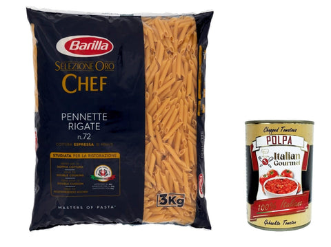 Italian Gourmet Nudeln & Pasta 9x Barilla Pasta Selezione Oro Chef Pennette Rigate N°72 italienisch Nudeln 3kg pack + Italian Gourmet polpa 400g 8076809528177