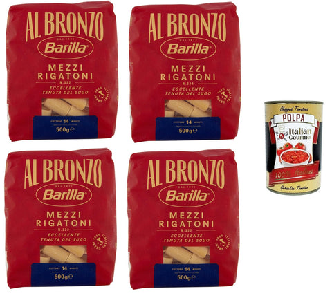 Italian Gourmet Nudeln & Pasta Al Bronzo Pasta Mezzi Rigatoni Bronze Gezogene Pasta Rohe Verarbeitungsmethode 4x 500gr + Italian Gourmet polpa 400g