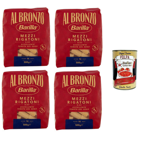 Al Bronzo Pasta Mezzi Rigatoni Bronze Gezogene Pasta Rohe Verarbeitungsmethode 4x 500gr Original italienisch inkl. Italian Gourmet Polpa 400g
