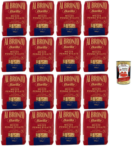 Italian Gourmet Nudeln & Pasta Barilla Al Bronzo Pasta Mezze Penne Rigate Bronze Gezogene Pasta Rohe Verarbeitungsmethode 16x 500gr + Italian Gourmet polpa 400g 8032804040014
