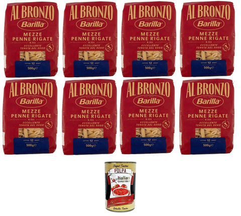 Italian Gourmet Nudeln & Pasta Barilla Al Bronzo Pasta Mezze Penne Rigate Bronze Gezogene Pasta Rohe Verarbeitungsmethode 8x 500gr + Italian Gourmet polpa 400g 8032804040014