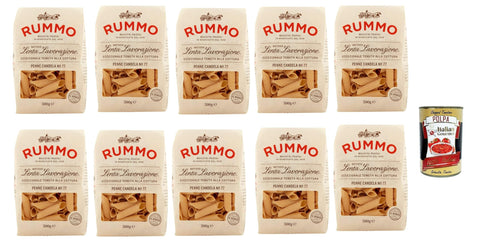Italian Gourmet Nudeln & Pasta Rummo Penne Candela n° 77 Pasta Lenta Lavorazione Teigwaren aus Hartweizengrieß Bronze-Zeichnung 10x 500g + Italian Gourmet polpa 400g 8032804040014