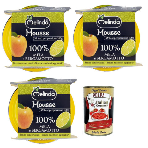 Melinda Mousse Mela e Bergamotto 100% Natürliches Fruchtpüree Apfel-Bergamotte-Mousse ( ) 2x100 g 3x italienisch Original Pastasauce + kostenlos Polpa di Pomodoro