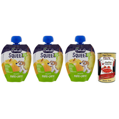 Melinda Passata di Mela & Pera Squeez 100% Frucht Apfel- und Birnenpüree Obst zum Auspressen 90 g 3x italienisch Original Pastasauce + kostenlos Polpa di Pomodoro