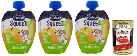 Melinda Passata di Mela & Pera Squeez 100% Frucht Apfel- und Birnenpüree Obst zum Auspressen 90 g 3x italienisch Original Pastasauce + gratis Polpa di Pomodoro