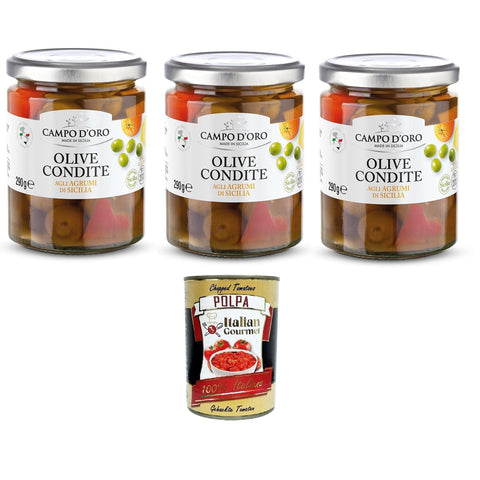 Campo D'Oro Olive Condite agli agrumi di Sicilia Oliven von, gewürzt mit sizilianischen Zitrusfrüchten 3x290g Original italienisch Feinkost