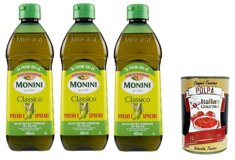 Monini Classico Premi e Spremi Olio Extra Vergine di Oliva Squeeze Natives Olivenöl Extra PET 3x450 ml italienisch Original + gratis Polpa di Pomodoro 400 g