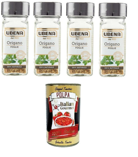 Italian Gourmet Oregano Ubena Origano in Foglie Oreganoblätter, 100% natürlich, 4x 8gr Vase aus Glas + Italian Gourmet polpa 400g 8032804040014