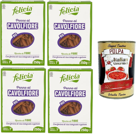 Italian Gourmet Pasta & Nudeln Felicia Penne al Cavolfiore Con farina di riso integrale e quinoa Blumenkohl-Penne mit braunem Reismehl und Quinoa 4x250gr + Italian Gourmet polpa 400g 8032804040014