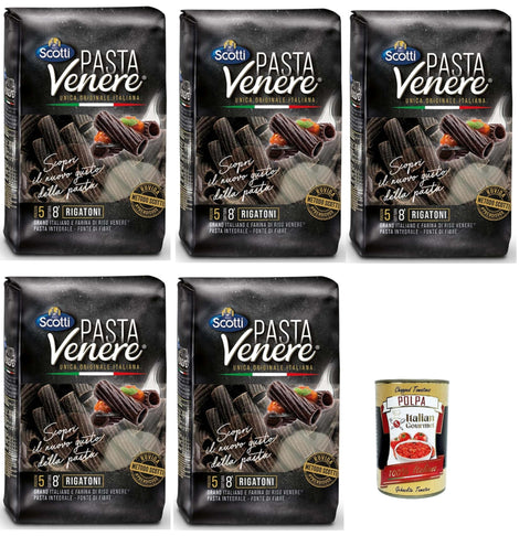 Italian Gourmet Pasta Riso Scotti, Pasta Venere Rigatoni Integrale di Riso Venere, Reispaste, Vollkorn, Faserquelle, Phosphor und Proteine, ideal für eine ausgewogene Ernährung, 5x 400 g + Italian Gourmet polpa 400g 8032804040014
