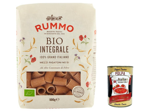 Italian Gourmet Pasta & Saucen 20x Rummo Pasta Integrale Mezzi rigatoni N. 51, Vollkornnudeln Nudeln Vollkorn Italienische Pasta 500g + Italian Gourmet polpa 400g