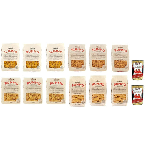 Rummo Testpaket Pasta mista Farfalle Penne rigate Fusilli Hartweizengrieß Pasta Italienische Nudeln 12x 500 g Packung + 2x Italian Gourmet Polpa di Pomodoro 400 g Dose italienisch Original