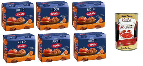 Italian Gourmet Pastasaucen 6x Barilla Sugo Ragù RICCO Bolognese REICHhaltige Ragù-Sauce, klassisches Bolognese-Gewürz für Pasta 180gX2 + Italian Gourmet Polpa 400 g 8076809546126