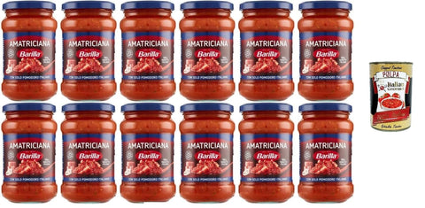 Italian Gourmet Pastasaucen Barilla Amatriciana Tomatensauce mit Pancetta und Peperoncino, 12 x 400g, 100% talienische Pastasauce, + Italian Gourmet polpa 400g