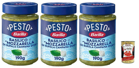 Italian Gourmet Pastasaucen Barilla Pesto Basilico e Mozzarella di Bufala Campana DOP, Gewürz und Sauce für Pasta, 3x 190g + Italian Gourmet polpa 400g 8032804040014