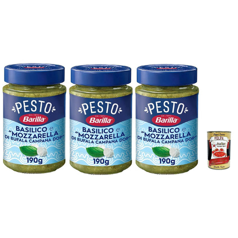Barilla Pesto Basilico e Mozzarella di Bufala Campana DOP Gewürz und Sauce für Pasta 3x190 g italienisch Original + kostenlos polpa 400 g