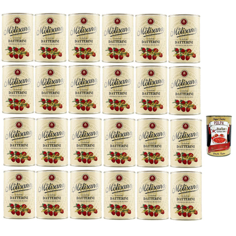 La Molisana Datterini Kirschtomaten Datterini süßer Geschmack längliche Form italienisches Sauce Tomaten 24x400 g italienisch Original Pastasauce + kostenlos polpa