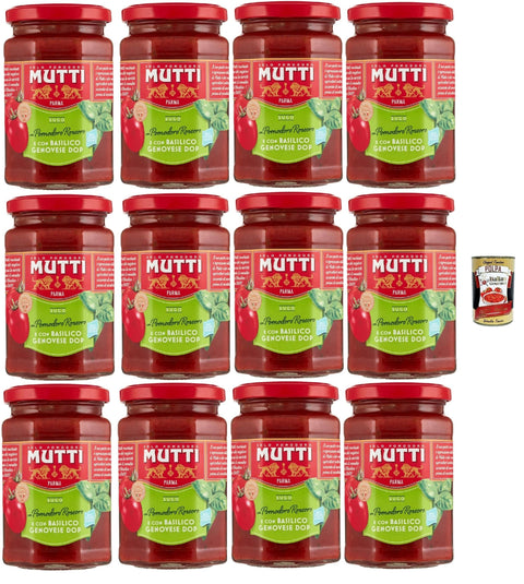 Italian Gourmet Pastasaucen Mutti Sugo di pomodori con pomodoro rossoro e con "Basilico Genovese DOP, Tomatensauce mit Rossoro -Tomaten und mit "Genovese Basilikum Dop", 12x 280g + Italian Gourmet polpa 400g 8032804040014