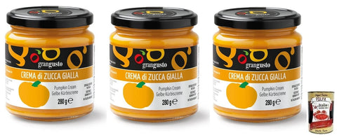 Italian Gourmet Pasten & Kochsaucen 3x Grangusto Crema di Zucca Gialla,Gelbe Kürbiscreme,Gemüse aus Italien,Ideal für die Zubereitung von Risottos und Pasta,280g Glas + Italian Gourmet Polpa di Pomodoro 400g Dose 8017995100655