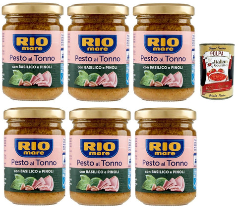 Italian Gourmet Pasten & Kochsaucen Rio mare Pesto al Tonno con Basilico e Pinoli, Thunfischpesto mit Basilikum und Pinienkernen pasta sauce 6x 130 g + Italian Gourmet polpa 400g 8032804040014