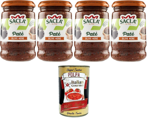 Italian Gourmet Pasteten Saclà, Patè di Olive Nere Patè aus schwarzen Oliven, ideal für einen Aperitif und zur Bereicherung Ihrer Gerichte, Glas, 4x190 g + Italian Gourmet polpa 400g 8032804040014