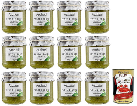 Italian Gourmet Pesto 12x Ascheri 1960 Pesto Ligure con Basilico Genovese,Pesto Sauce mit Genuesischem Basilikum d.o.p. Glas 180g + Italian Gourmet Polpa di Pomodoro 400g Dose 8032529642111