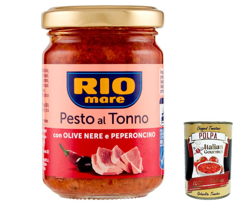 Italian Gourmet Pesto 12x Rio Mare Pesto al Tonno con Olive Nere e Peperoncino, Thunfischpesto kochsauce mit schwarzen Oliven und Chili 130g + Italian Gourmet polpa 400g 8032804040014