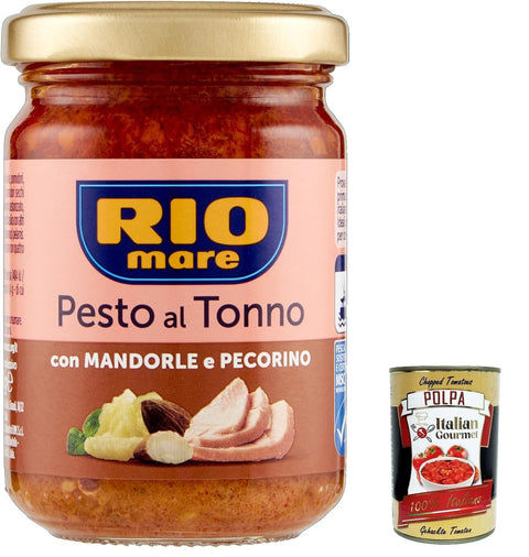 Italian Gourmet Pesto 3x Rio Mare Pesto al Tonno con Mandorle e Pecorino, Thunfischpesto kochsauce mit Mandeln und Pecorino 130g + Italian Gourmet polpa 400g 8032804040014