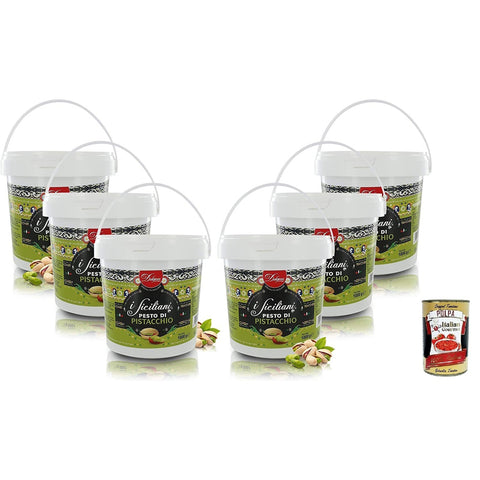 Dolgam I Siciliani Pistazien-Pesto Glutenfreie Sizilianische Spezialitäten -Eimer Pistazien aus Sizilien mit 65% 1000 g 6x italienisch Original + kostenlos Polpa