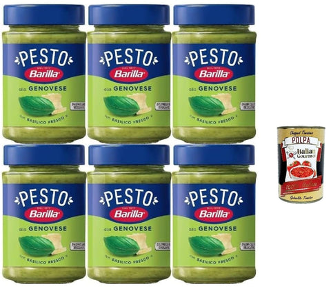 Italian Gourmet Pesto Barilla Pesto alla Genovese, 6er Pack, 190g pro Glas, Glutenfreie Pastasauce mit italienischem Basilikum, + Italian Gourmet polpa 400g