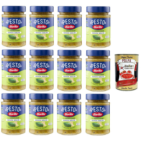 Barilla Pesto Alla Genovese senz'Aglio Condimento e Sugo per Pasta Genueser Pesto ohne Knoblauchgewürz und Nudelsauce 12x190gr Original italienisch inkl. Italian Gourmet Polpa 400g