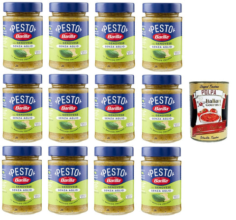 Italian Gourmet Pesto Barilla Pesto Alla Genovese senz'Aglio Condimento e Sugo per Pasta Genueser Pesto ohne Knoblauchgewürz und Nudelsauce 12x190gr + Italian Gourmet polpa 400g 8032804040014