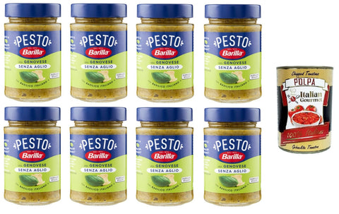 Italian Gourmet Pesto Barilla Pesto Alla Genovese senz'Aglio Condimento e Sugo per Pasta Genueser Pesto ohne Knoblauchgewürz und Nudelsauce 8x190gr + Italian Gourmet polpa 400g 8032804040014