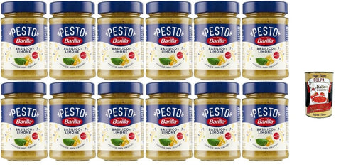 Italian Gourmet Pesto Barilla Pesto Basilico e Limone, Italienische Basilikum-Zitronen Sauce, 12 x 190g, + Italian Gourmet polpa 400g