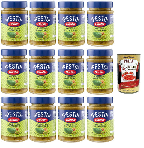 Italian Gourmet Pesto Barilla Pesto Basilico e Pistacchio Condimento e Sugo per Pasta Basilikum-Pistazien-Pesto-Gewürz und Pastasauce 12x190 g+ Italian Gourmet polpa 400g 8032804040014