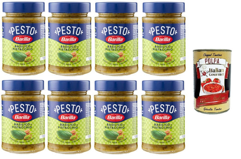 Italian Gourmet Pesto Barilla Pesto Basilico e Pistacchio Condimento e Sugo per Pasta Basilikum-Pistazien-Pesto-Gewürz und Pastasauce 8x190 g+ Italian Gourmet polpa 400g 8032804040014