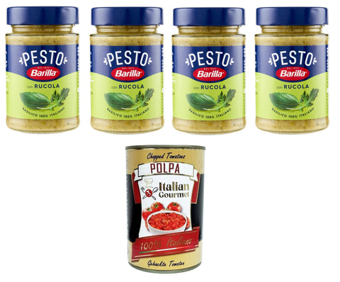 Italian Gourmet Pesto Barilla Pesto Basilico e Rucola Condimento e Sugo per Pasta Pesto Basilikum-Rucola-Gewürz und Sauce für Pasta 4x190gr + Italian Gourmet polpa 400g 8032804040014