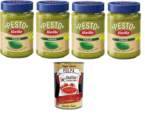 Italian Gourmet Pesto Barilla Pesto Di Basilico Vegan Condimento e Sugo per Pasta Veganes Basilikum-Pesto-Gewürz und Pastasauce 4x190 g+ Italian Gourmet polpa 400g 8032804040014
