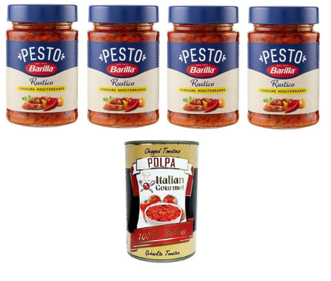 Italian Gourmet Pesto Barilla Pesto Rustico Verdure Mediterranee Condimento e Sugo per Pasta Rustic Pesto, mediterrane Gemüsegewürz- und Pastasauce 4x200gr + Italian Gourmet polpa 400g 8032804040014