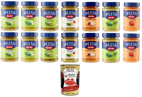 Italian Gourmet Pesto Barilla Testpacket Pesto Condimento e Sugo per Pasta Testpaket Pesto-Gewürz und Pastasauce 14x190gr + Italian Gourmet polpa 400g 8032804040014