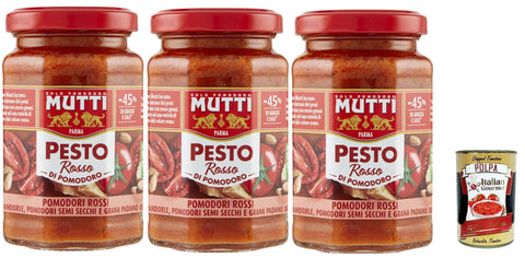 Italian Gourmet Pesto Mutti Pesto Rosso Pomodori Rossi Rotes Tomatenpesto Pasta Sauce 100% italienische Tomate Glas 3x 180g Würzsaucen mit Mandeln, Tomaten, getrockneten Samen und Grana Padano + Italian Gourmet polpa 400g 8032804040014