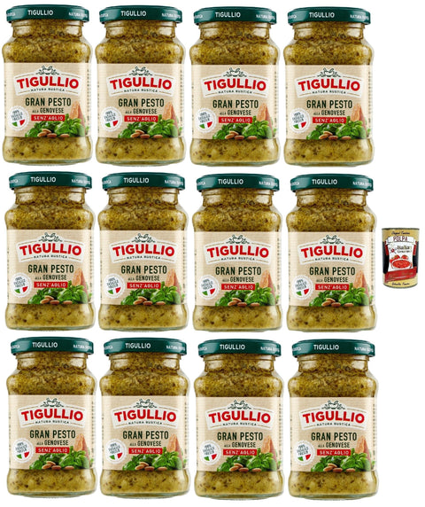 Italian Gourmet Pesto Star Tigullio GranPesto Pesto alla Genovese senz'aglio mit 100% frisches Basilikum, ohne Knoblauch, glutenfrei, 12x 190g + Italian Gourmet polpa 400g 8032804040014
