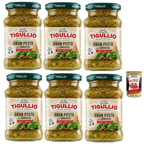 Star Tigullio GranPesto Pesto alla Genovese senz'aglio mit 100% frisches Basilikum ohne Knoblauch glutenfrei 6x190 g italienisch Original + kostenlos polpa 400 g