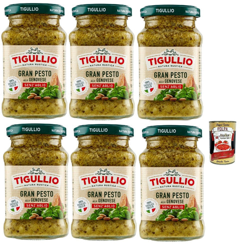 Italian Gourmet Pesto Star Tigullio GranPesto Pesto alla Genovese senz'aglio mit 100% frisches Basilikum, ohne Knoblauch, glutenfrei, 6x 190g + Italian Gourmet polpa 400g 8032804040014