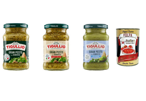 Italian Gourmet Pesto Testpaket Star Tigullio GranPesto Pesto alla Genovese, ohne Knoblauch und cremoso mit Basilikum 3x 190 g Sauce Soße + Italian gourmet polpa 400g 80037019