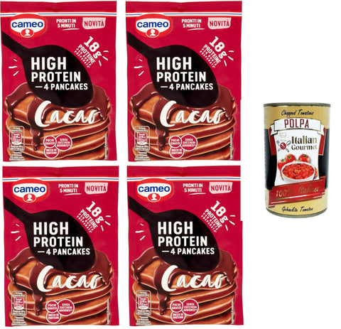 Italian Gourmet Pfannkuchen & Waffeln Cameo High Protein Pancake, Kakaoprotein-Pfannkuchenmischung mit Süßstoff, reich an fettarmen Proteinen ohne Zuckerzusatz (enthält von Natur aus Zucker),4x70gr + Italian Gourmet polpa 400 8032804040014